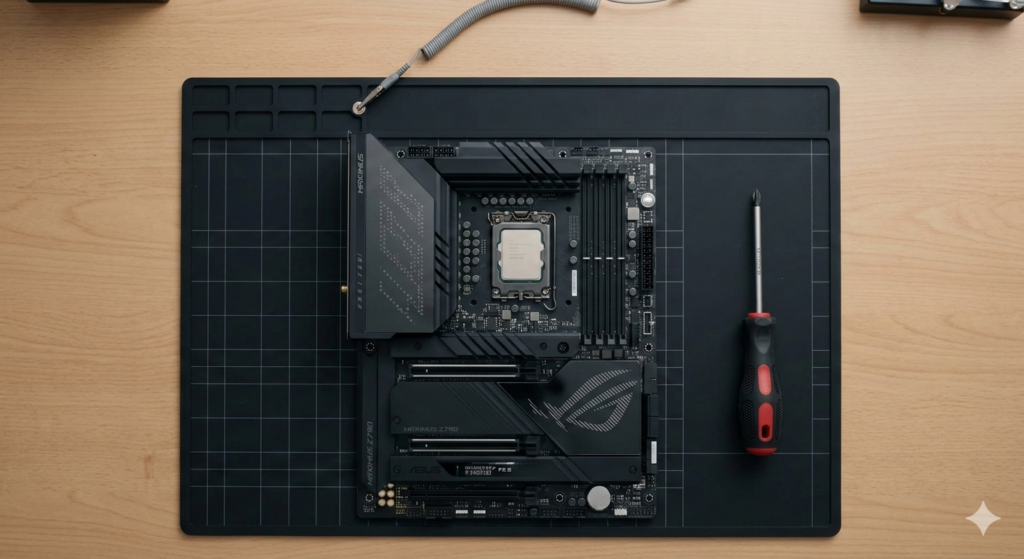 A clean PC building workspace with a motherboard, screwdriver, and anti-static mat.