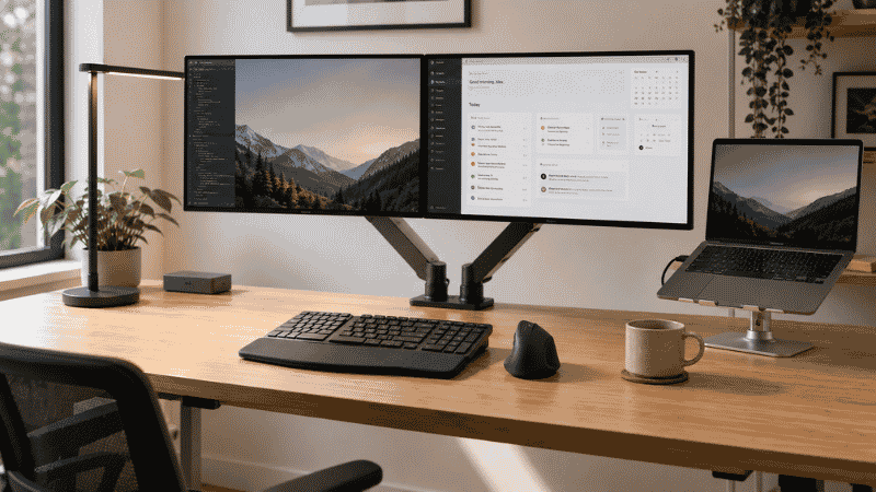 A fully configured home office workstation in 2026 showing dual monitors, laptop on stand, ergonomic keyboard, vertical mouse, and desk lamp