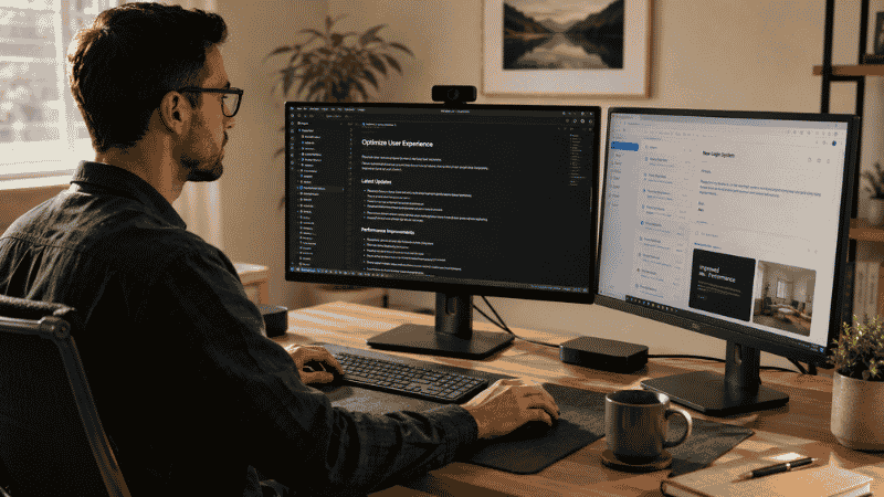Person working at dual monitor desk with primary screen showing active work document and secondary screen showing reference material and communication apps