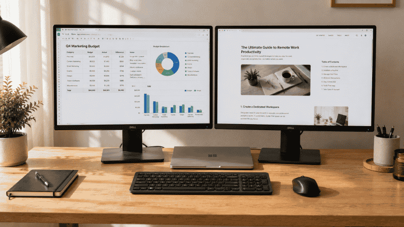 Dual monitor setup on a home office desk with two screens side by side showing extended display workspace