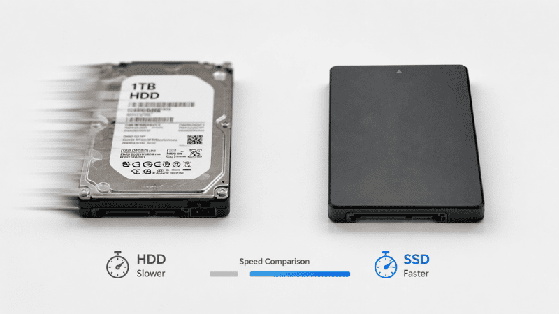 Side-by-side comparison of a traditional HDD hard drive and a modern SSD showing the speed difference for laptop upgrades