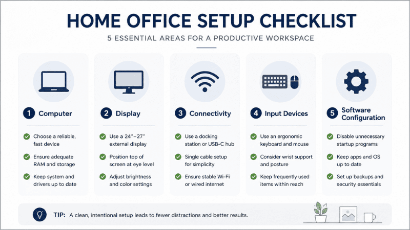 A clean visual checklist showing home office computer setup steps including monitor, connectivity, input devices, and ergonomics