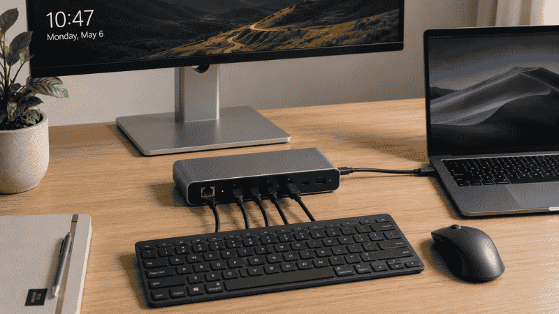 Complete home office computer setup with laptop connected to external monitor, keyboard, mouse, and docking station on a clean desk