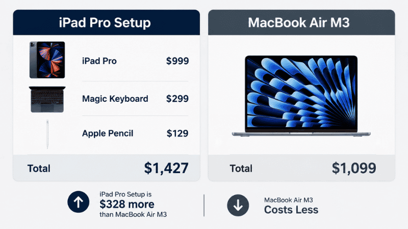 Cost comparison infographic showing iPad Pro plus Magic Keyboard plus Apple Pencil totaling more than a MacBook Air