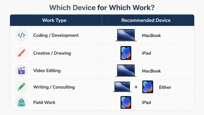 Visual chart showing which work types are better suited to iPad versus MacBook — coding, creative work, writing, and video editing