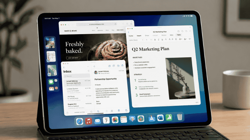 iPad Pro screen showing iPadOS 26 Stage Manager with multiple app windows open simultaneously for productivity