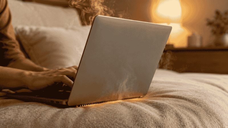 Laptop sitting on a soft couch surface with vents blocked underneath, showing the wrong way to use a laptop that causes overheating