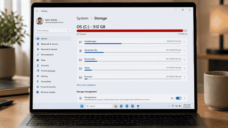 Windows storage settings showing a nearly full hard drive with storage breakdown by category on a laptop screen