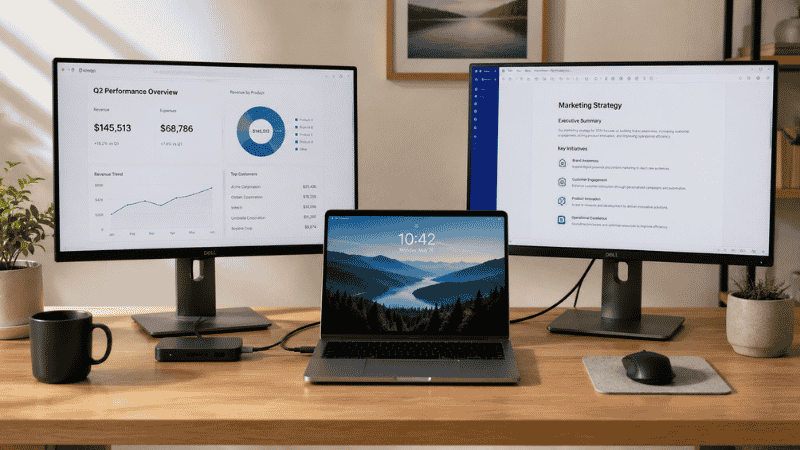 Laptop connected to a USB-C docking station with two external monitors on a home office desk