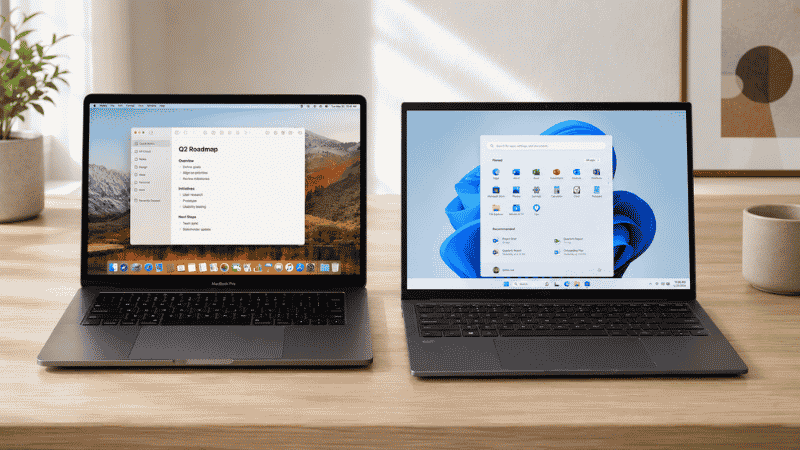 A MacBook and a Windows laptop placed side by side on a clean home office desk for comparison