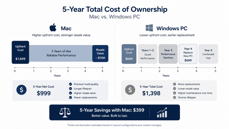 Simple visual showing Mac and PC total cost over 5 years including resale value and replacement cycle comparison