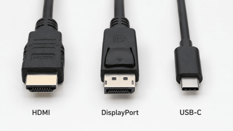 Three monitor cable types displayed side by side — HDMI, DisplayPort, and USB-C cables for dual monitor connection