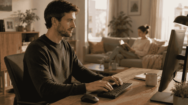 Person typing quietly on a wireless keyboard in a shared living space with another person nearby working or relaxing
