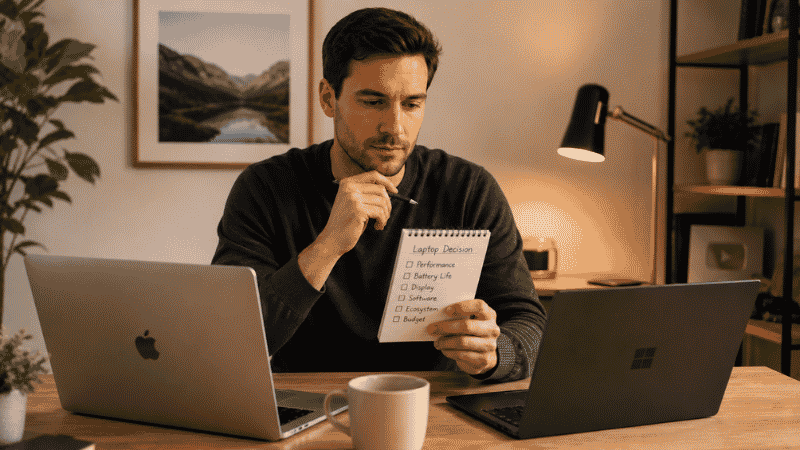 Person checking software compatibility list on a notepad before deciding between Mac and Windows for home office work