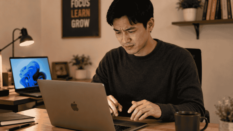 Person looking slightly puzzled at a Mac keyboard while transitioning from Windows, adjusting to new keyboard shortcuts