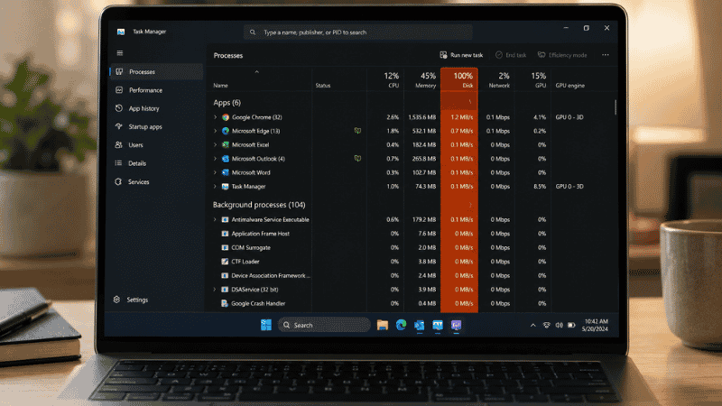 Windows Task Manager open on a laptop screen showing 100% disk usage highlighted in red during slow performance