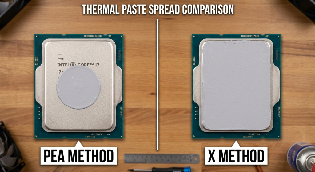 Comparison of pea-sized vs X-pattern thermal paste application on a CPU.