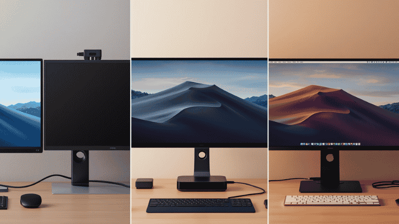 Three home office desk setups showing different docking needs — single monitor basic setup, dual monitor creative setup, and MacBook professional setup