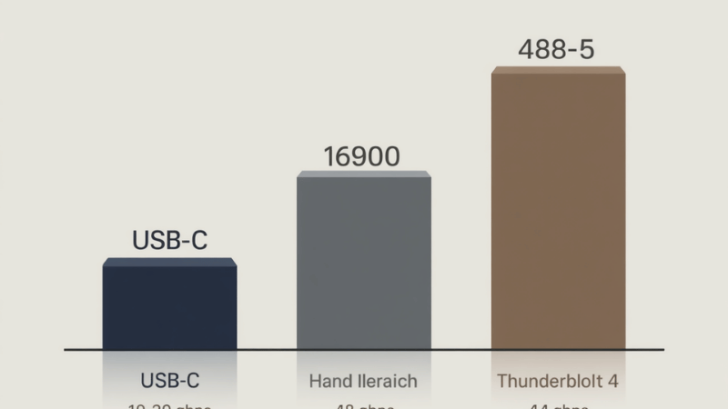 Simple visual comparison chart showing USB-C versus Thunderbolt 4 versus Thunderbolt 5 bandwidth speeds for laptop docking