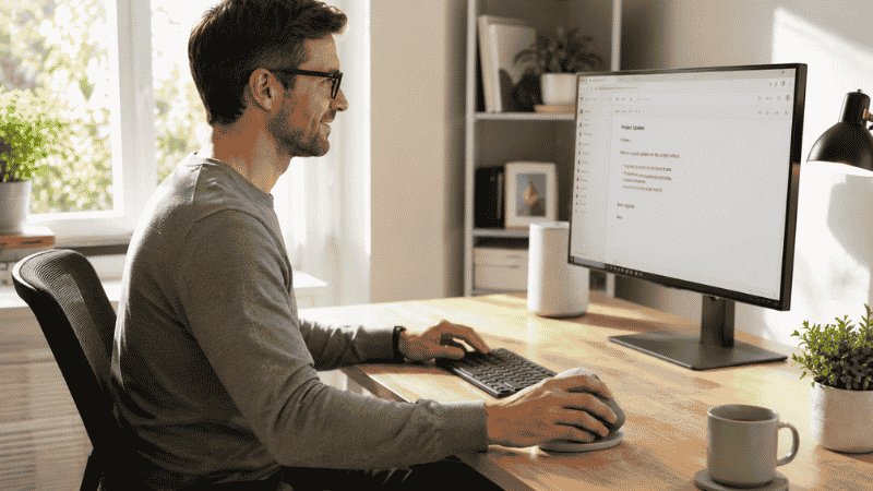 Person typing and using a vertical mouse carefully at a home office desk during the adaptation period