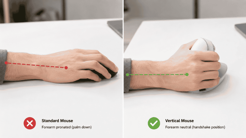 Side-by-side comparison showing forearm pronation with a standard mouse on the left and neutral handshake position with a vertical mouse on the right