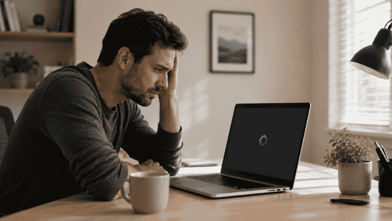 Frustrated person staring at a slow laptop with a loading spinner on screen during a home office workday