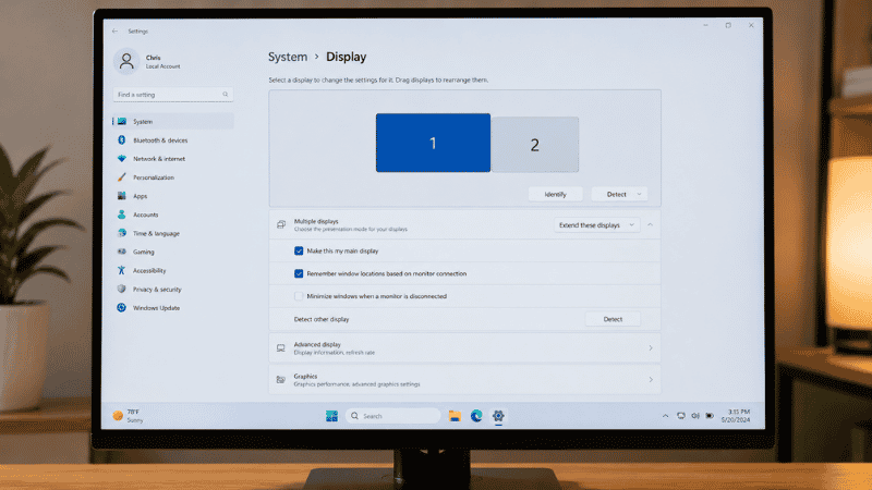Windows display settings screen showing two numbered monitor boxes with extend display option selected