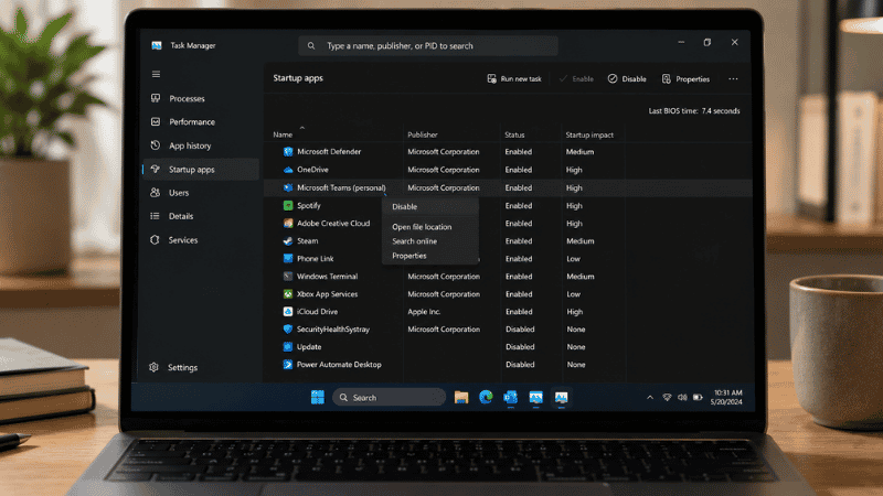 Windows Task Manager Startup tab showing a list of startup programs with some being disabled to speed up laptop
