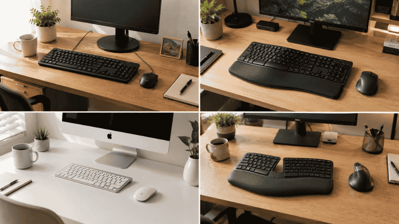 Four different home office setups showing budget, mid-range, Mac, and ergonomic wireless keyboard and mouse combo options