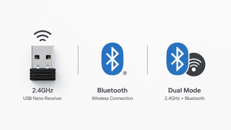 Three wireless connectivity options shown side by side — USB dongle receiver, Bluetooth symbol, and dual-mode connection
