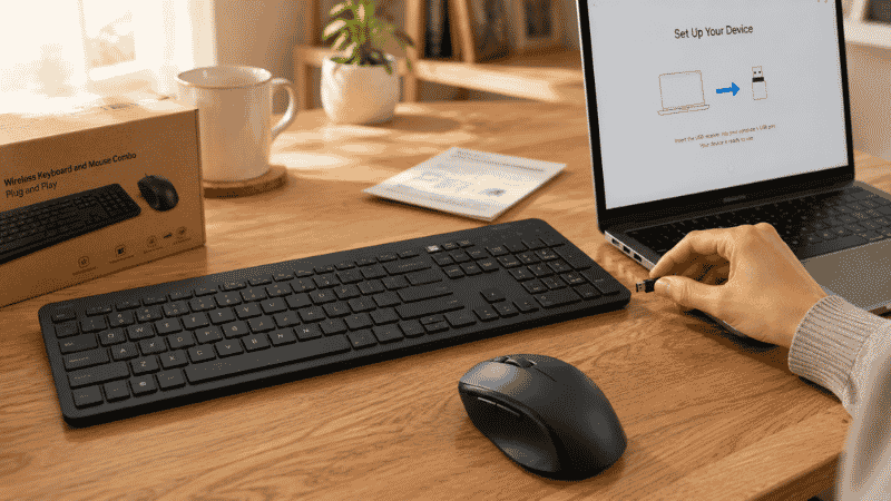 Wireless keyboard and mouse combo being unboxed and set up on a home office desk with USB receiver being plugged in