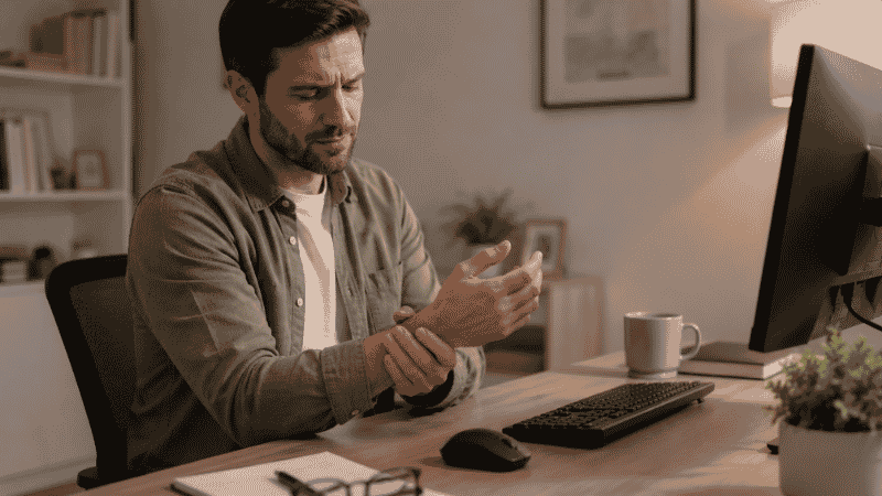 Person holding their wrist in mild discomfort while working at a home office desk, suggesting the need for ergonomic improvements beyond just the mouse