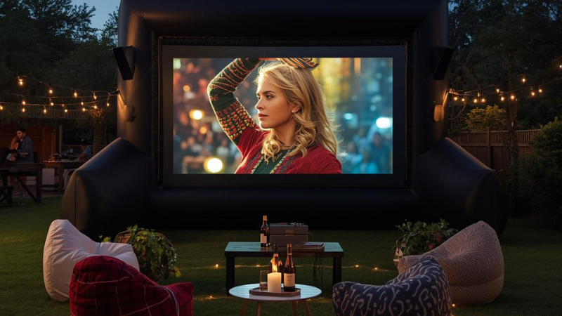 Nighttime backyard cinema setup featuring a massive inflatable projector screen and cozy seating with fairy lights.