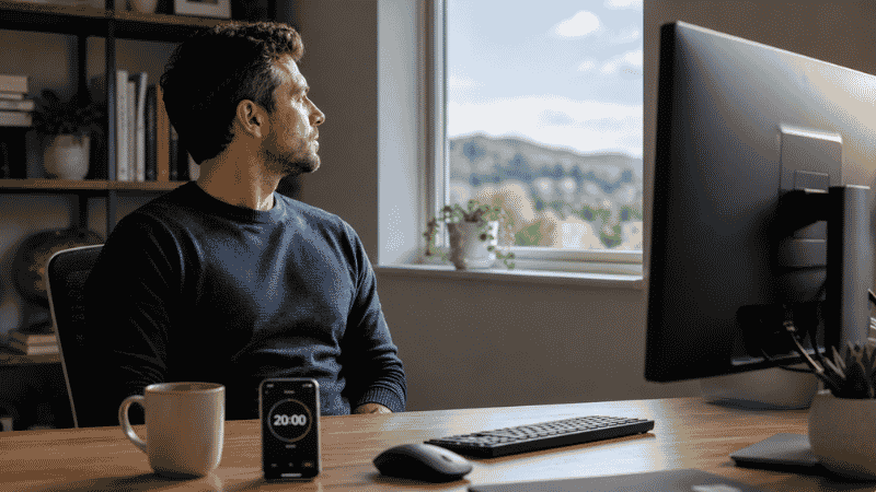 Person looking away from computer screen toward a distant window practicing the 20-20-20 rule for eye strain relief