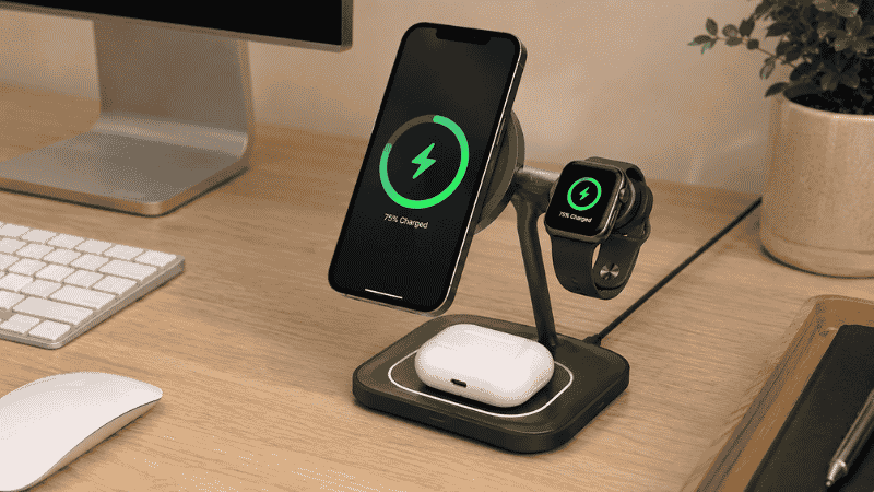 A 3-in-1 wireless charging station on a desk charging an iPhone, Apple Watch, and AirPods simultaneously