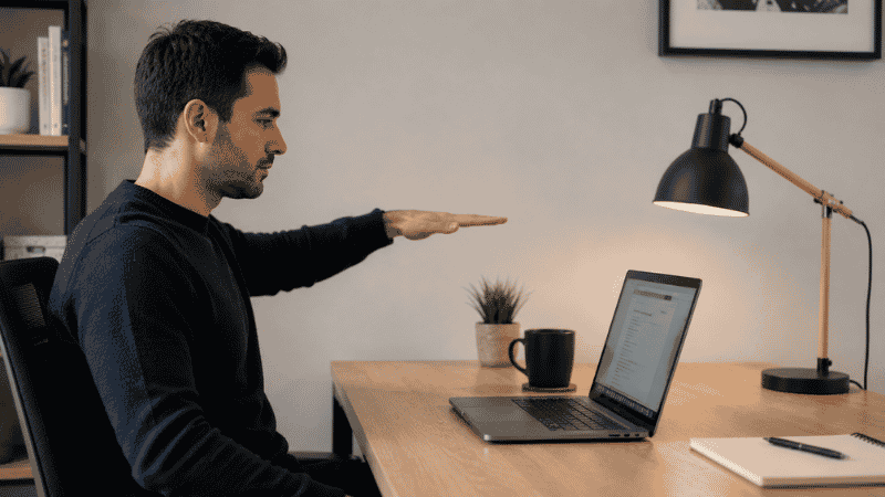 Laptop elevated on an adjustable aluminum stand at eye level on a clean home office desk with external keyboard and mouse below