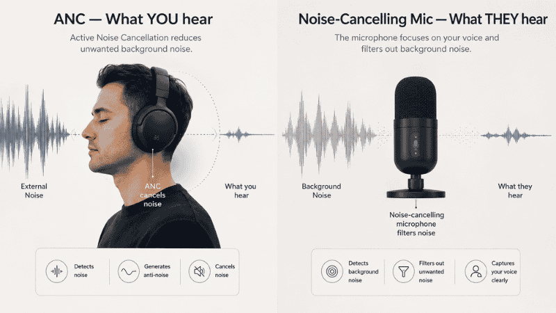 Split diagram showing active noise cancellation reducing sound for the listener on one side and noise cancelling microphone reducing sound for callers on the other