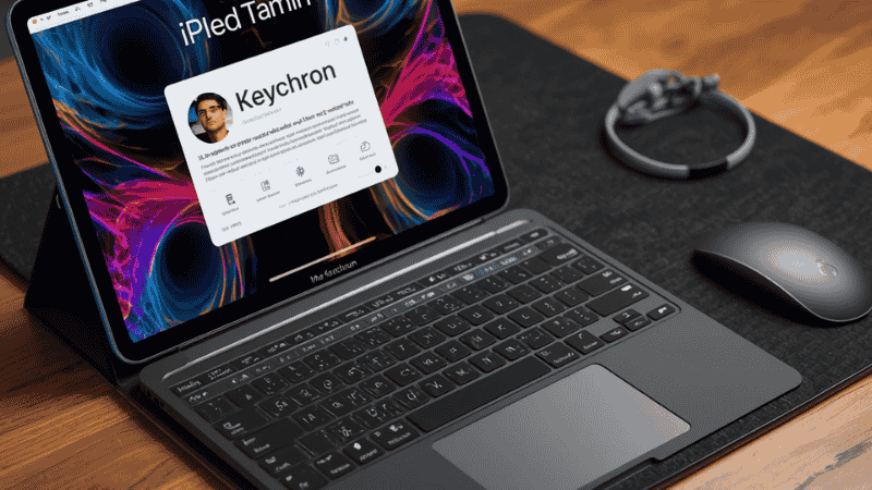 A professional mobile office station equipped with an M5 iPad Pro demonstrates the connection effect between the Keychron mechanical Bluetooth keyboard and the iPadOS 26 system.