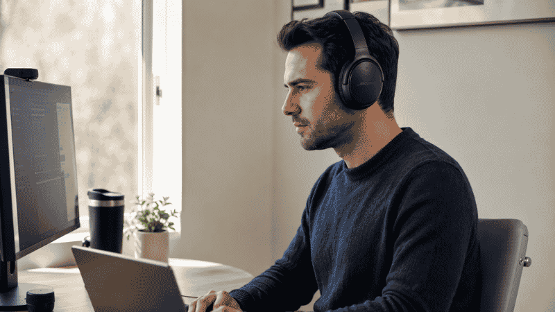 Person wearing over-ear noise cancelling headphones working focused at a clean home office desk