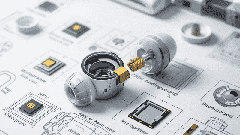 A teardown view of high-end active noise-cancelling headphones, showcasing the internal NPU (Neural Processing Unit) chip, MEMS microphone array, and 32-bit DAC circuit board.