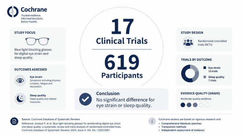 Clean infographic showing the 2023 Cochrane review finding that blue light glasses show no significant difference for eye strain in 17 clinical trials