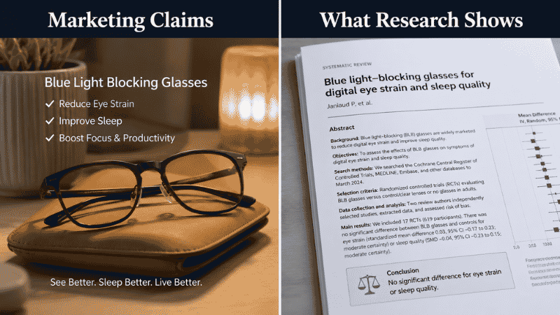 Person holding blue light blocking glasses in front of a laptop screen at a home office desk looking skeptical
