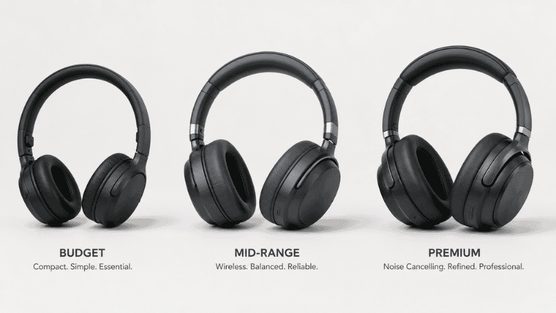 Three pairs of headphones displayed showing budget, mid-range, and premium options for working from home