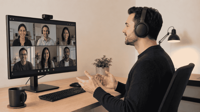 Remote worker wearing over-ear headphones on a video call at a home office desk with monitor showing a video conference