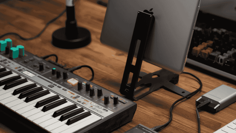 A professional music studio setup: an iPad Pro mounted on a Satechi Aluminum Stand & Hub, connecting to a MIDI controller and an external SSD via a single cable.