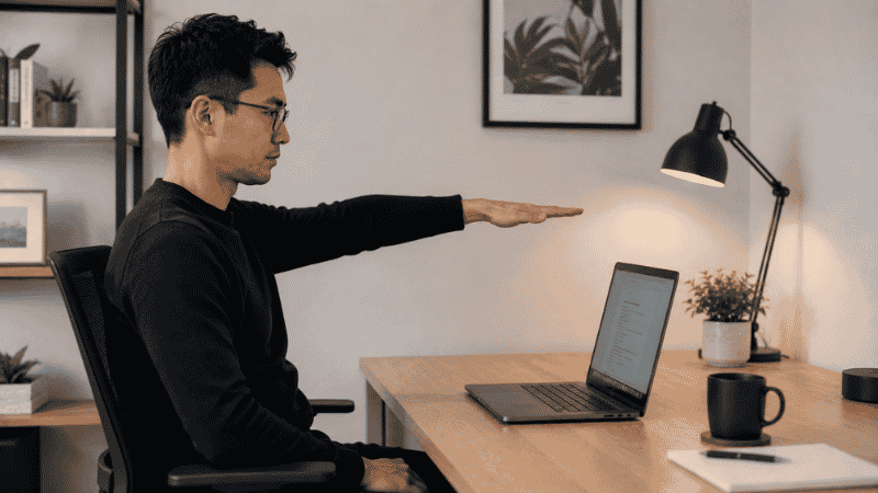 Person holding hand at eye level while sitting at desk showing the gap between eye level and laptop screen height