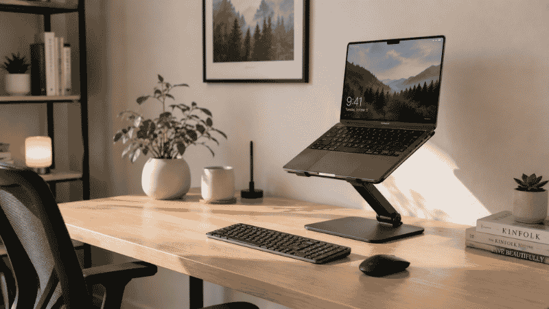 Complete ergonomic laptop setup with laptop elevated on stand at eye level and external wireless keyboard and mouse at desk height below