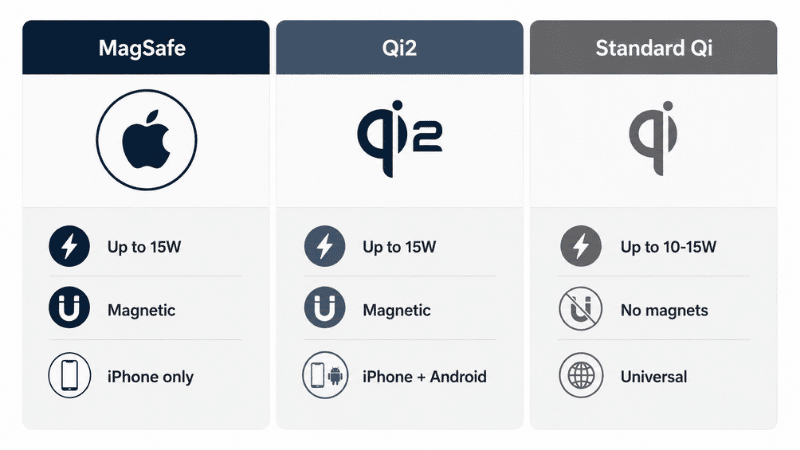 Clean infographic comparing MagSafe, Qi2, and standard Qi wireless charging standards showing speed, compatibility, and magnetic alignment differences