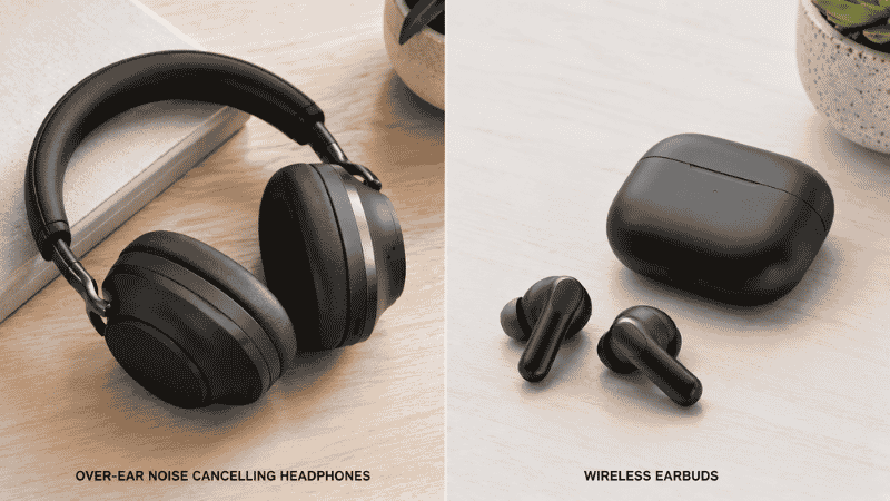 Side-by-side comparison of over-ear noise cancelling headphones and wireless earbuds for home office work use