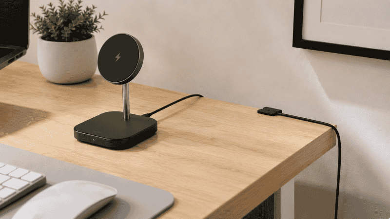 Wireless charging stand on a home office desk with a single cable neatly routed along the desk edge using cable clips